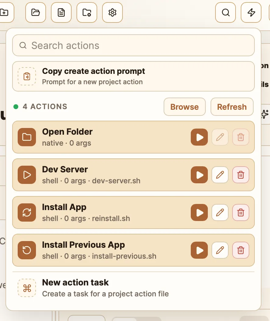 Custom actions list with run buttons