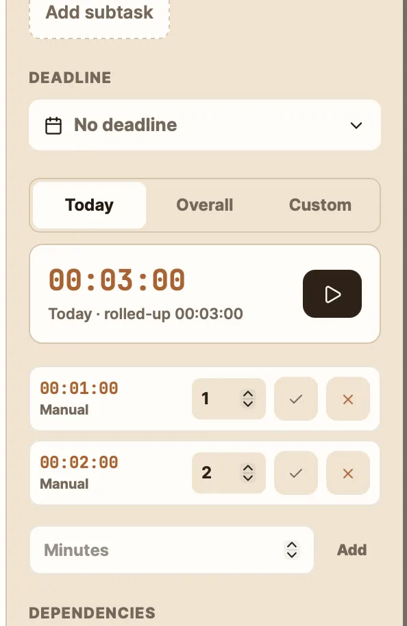 Task timer with rolled-up time