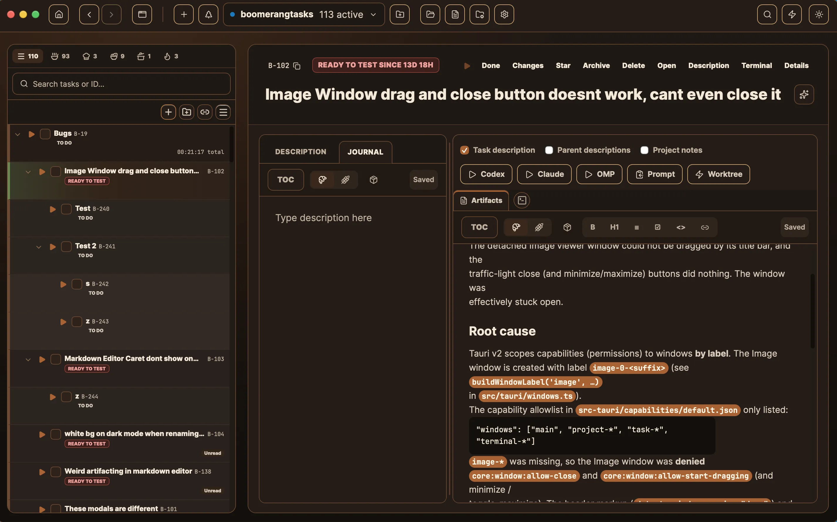 TaskCooker board with nested tasks, statuses, and a task detail pane