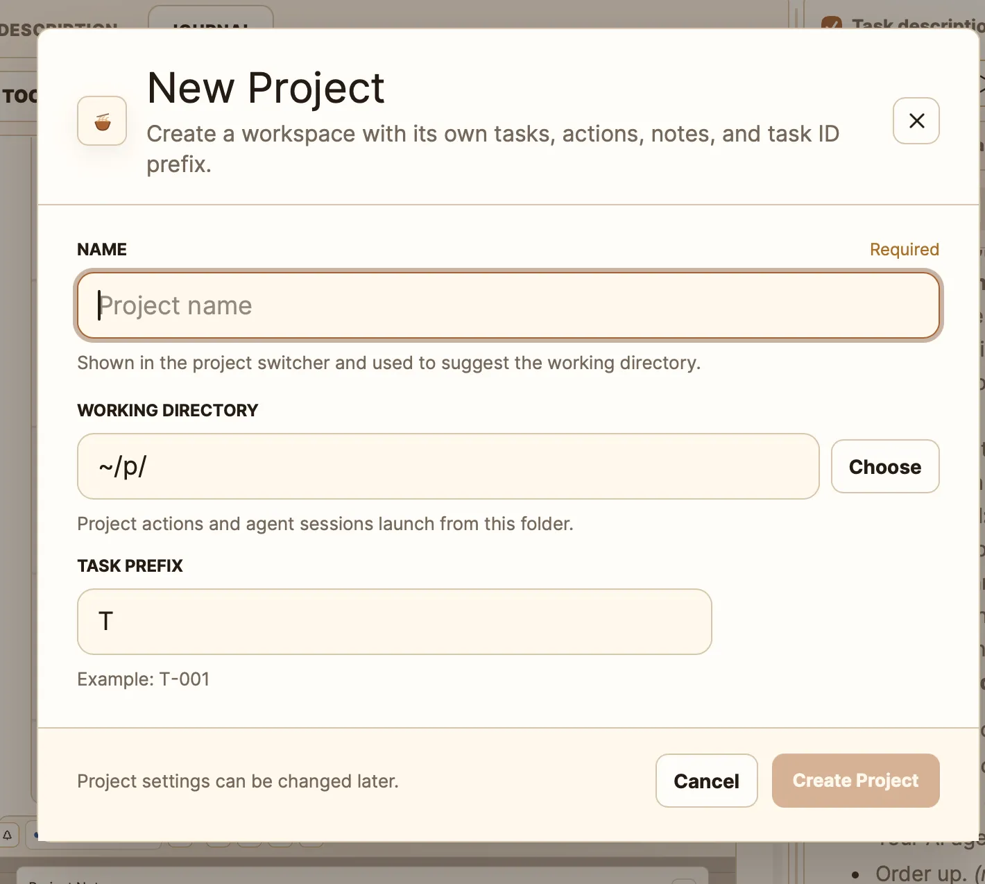 New Project form with its own working directory and task ID prefix