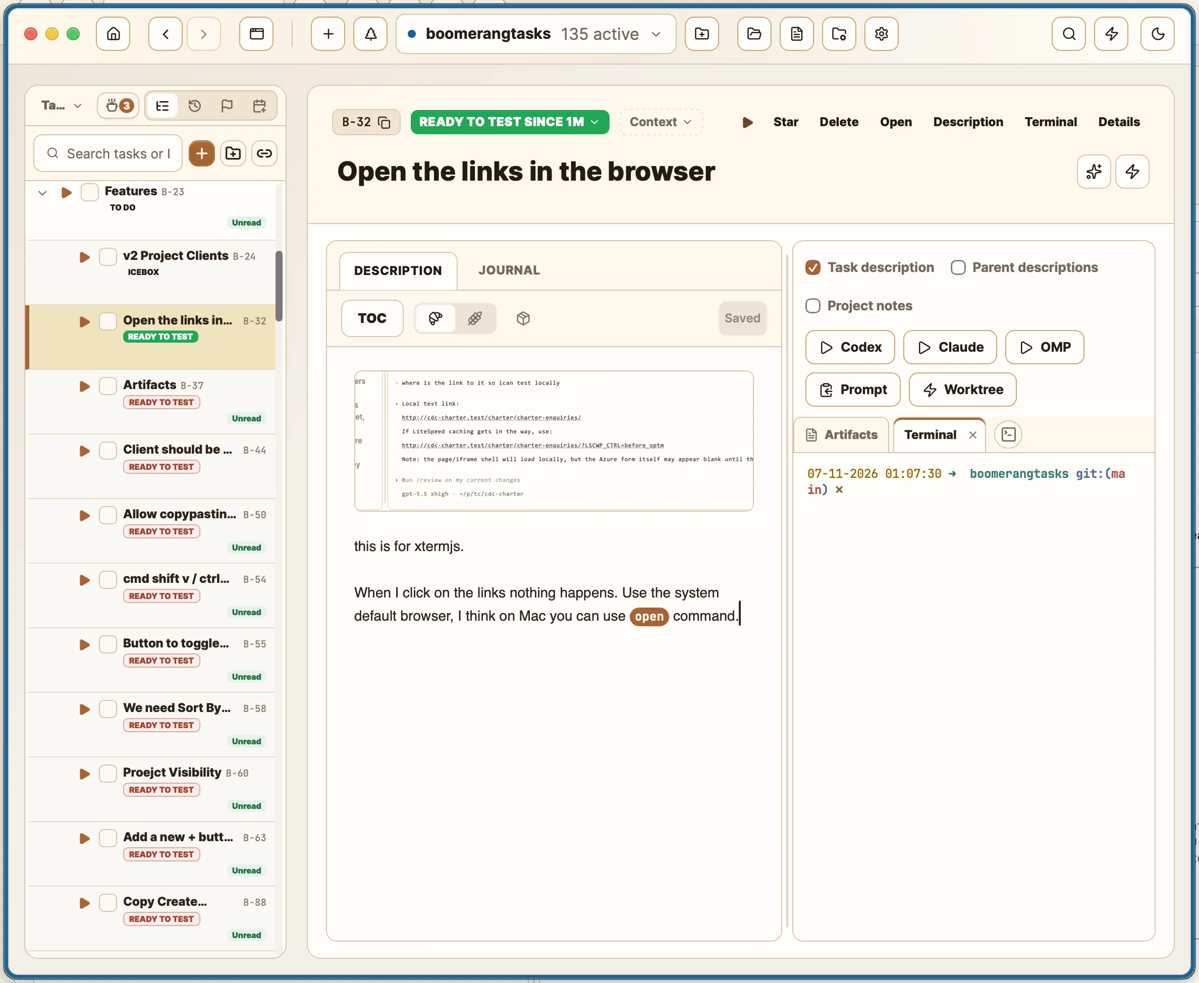 TaskCooker in action — the board with nested tasks, statuses, and a task detail pane